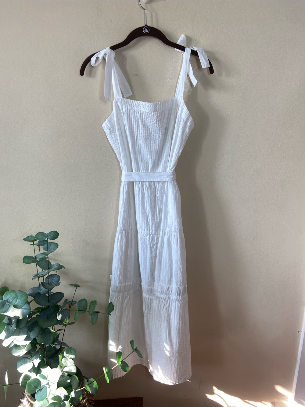 New Topshop White Cotton Tiered Maxi Dress Tie Shoulder Belted Cottagecore US 6